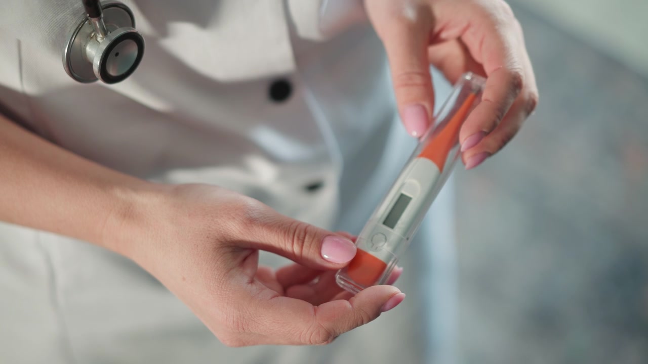 Medico a domicilio caucasico che insegna l'auto-test con un dispositivo, primo piano di mani e display digitale, kit portatile usato al capezzale, guida passo dopo passo, tono di supporto e responsabilizzazione del paziente