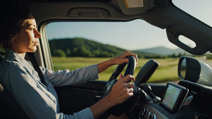 Donna alla guida di un'auto durante un viaggio panoramico