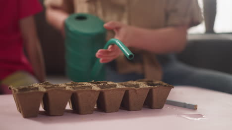 woman waters seeds in seedling tray sitting near daughter