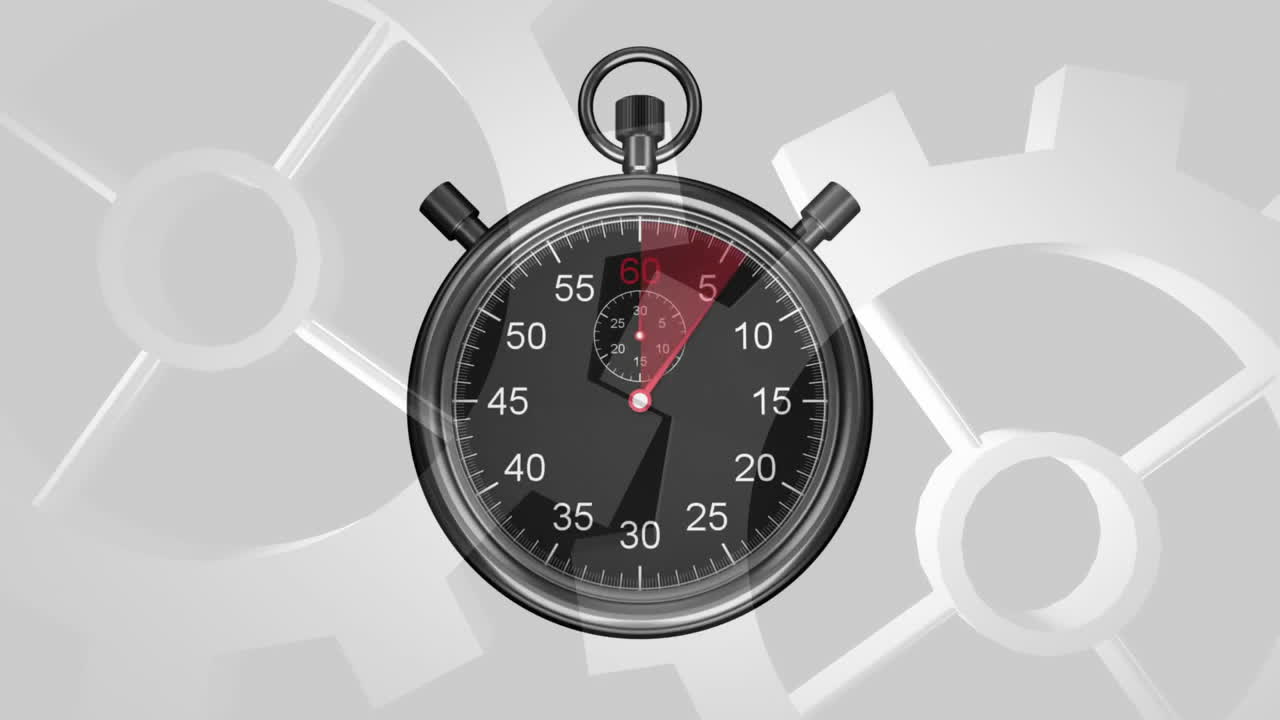 Animation of stop watch ticking over cogs working in background