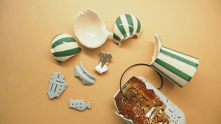 Broken Ceramic Pitcher with Green Stripes on a Beige Background