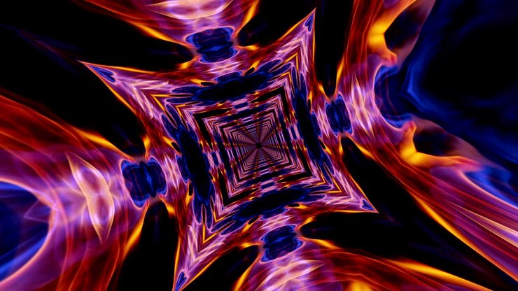 Abstraktní technologická kaleidoskopická animace, renderování, pozadí, vláknité pruhy, smyčka