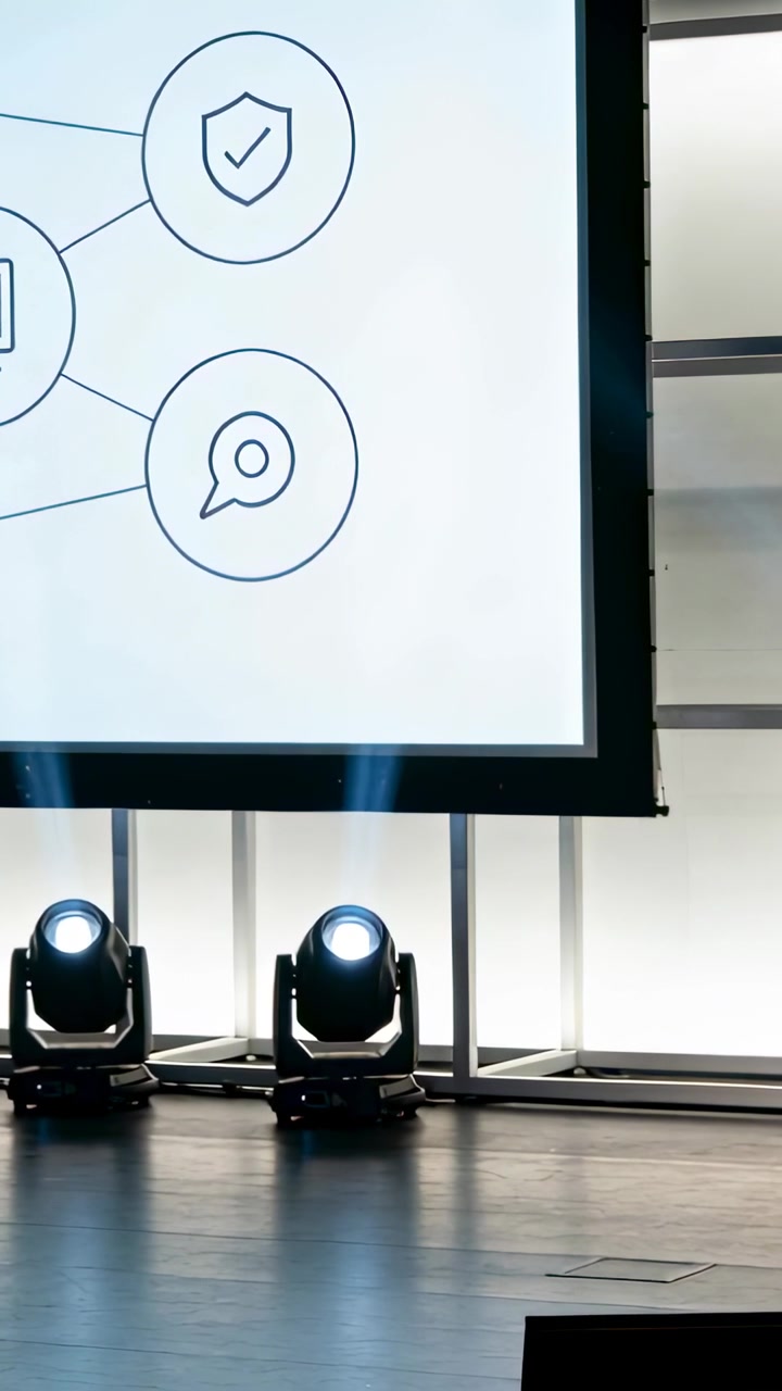 Displaying projection screen showing node diagram on stage, lights shifting intensity for talk
