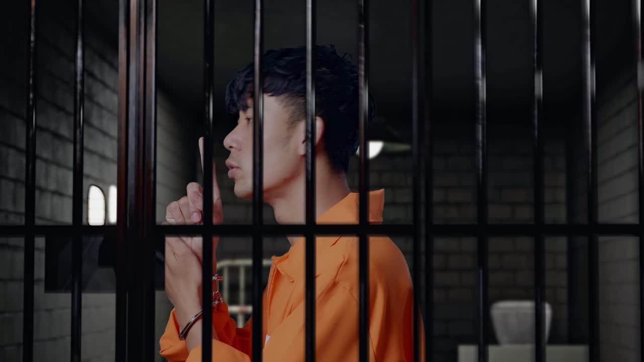 vista lateral de cerca de un prisionero masculino asiático con esposas haciendo un gesto de silencio mientras está de pie en la prisión