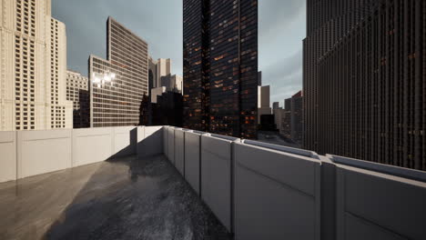city skyline view from rooftop terrace in evening light with tall buildings