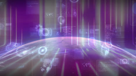 Animation of glowing purple globe with futuristic graphics and data interface