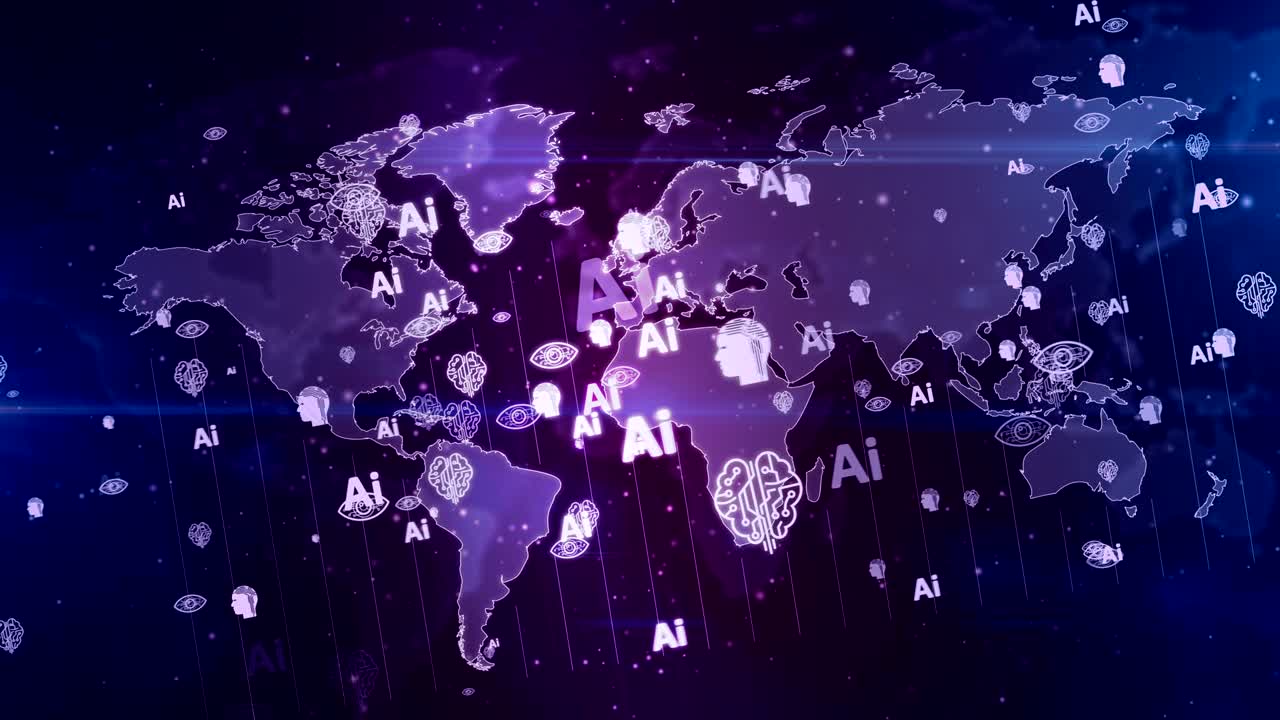 símbolos de inteligencia artificial en un bucle de mapa mundial digital y un fondo sin costuras
