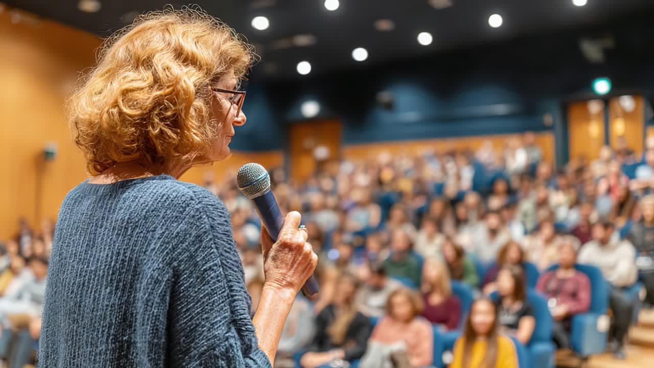 Un oratore coinvolgente si rivolge a un pubblico entusiasta durante un evento motivazionale incentrato su empowerment, condivisione della conoscenza e crescita personale in un contesto accademico.