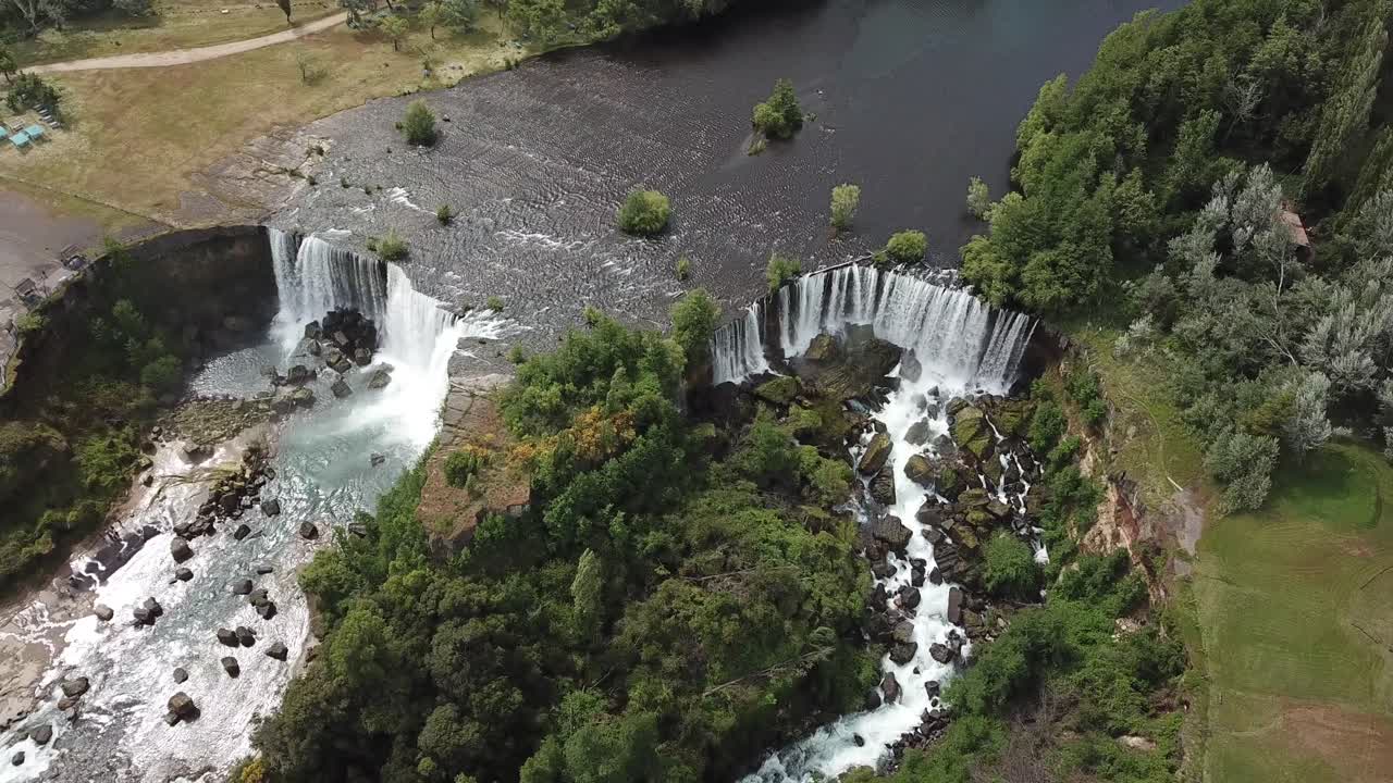 Majestic Laja Falls. Drone Aerial View of Popular Waterfall in Chilean Countryside