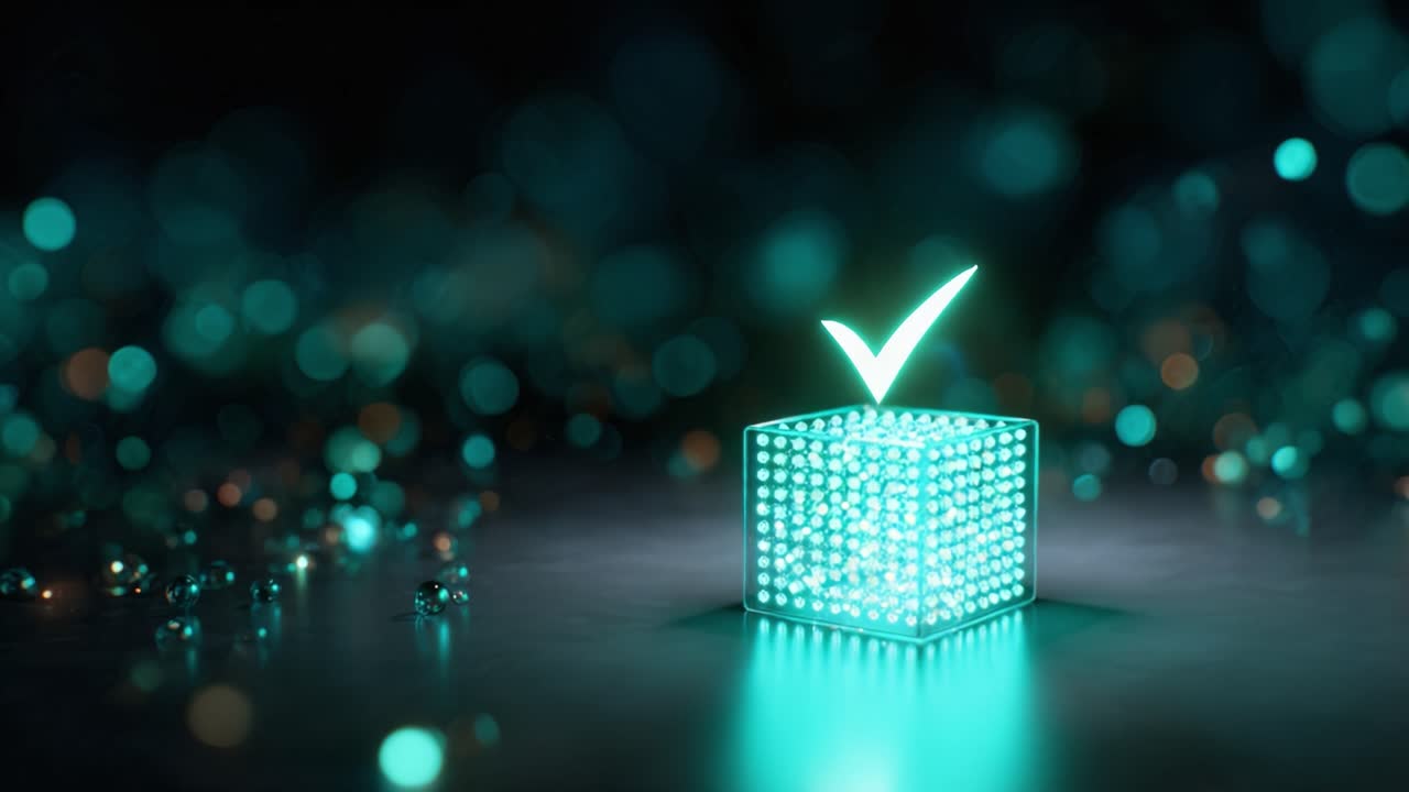 Un cubo trasparente luminoso con un segno di spunta che simboleggia l'approvazione o la conferma su uno sfondo di luci bokeh blu-verdi scintillanti, che rappresenta la positività