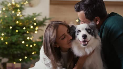 Multi-ethnicity-couple-bonding-with-dog-at-Christmas-time.