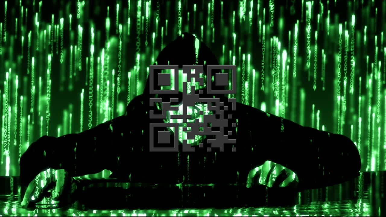 animación digital de neón rojo brillante código qr contra los rastros de luz verde que caen sobre el hacker masculino