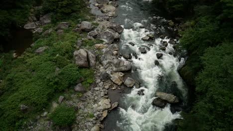 Slow-motion-shot-of-a-peaceful-creek,-brook-flowing-through-a-rocky-jungle-surface