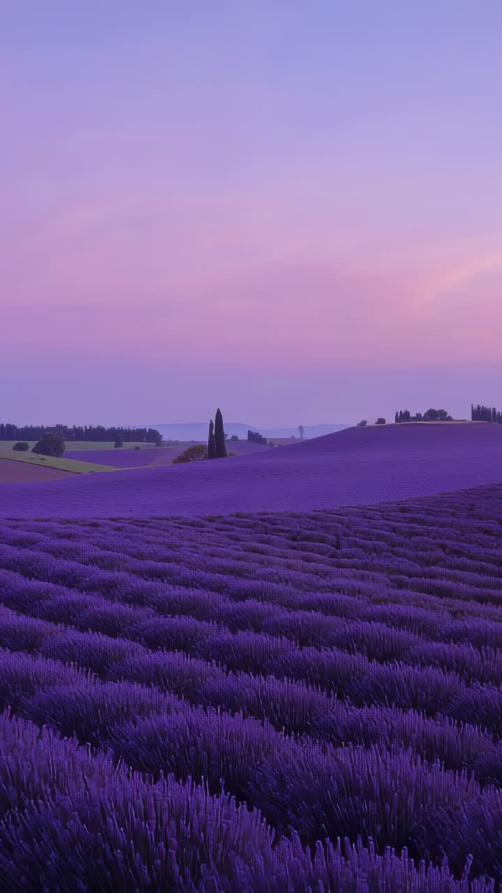 Vertical video: Moving camera framing lavender rows at twilight making clumps stand out and cypress