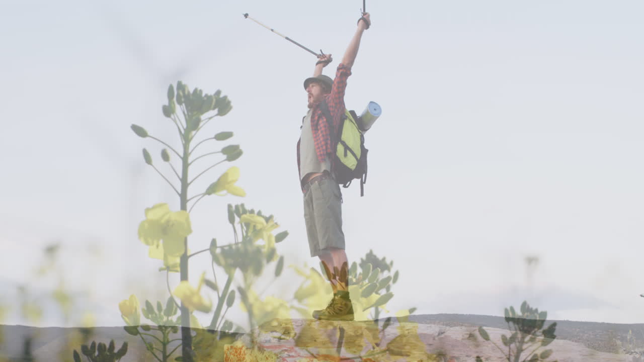 animación del prado sobre el hombre caucásico con los brazos extendidos caminando
