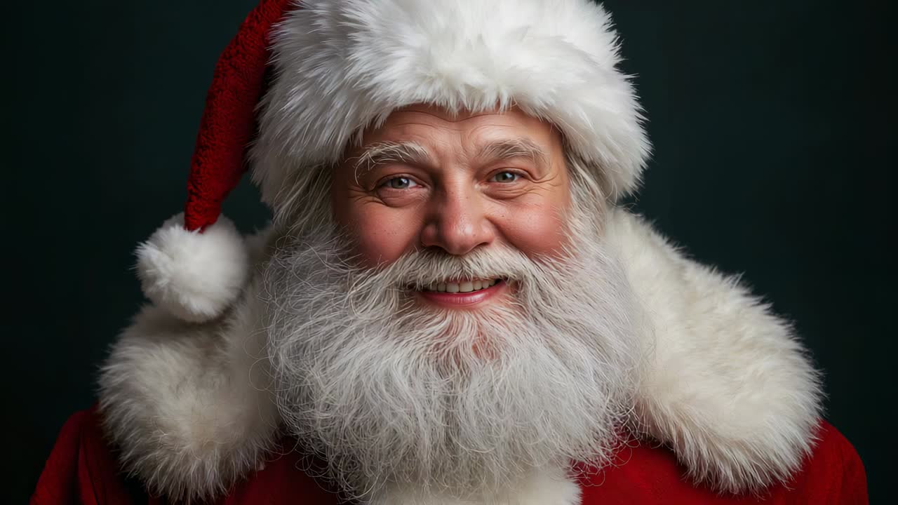 Recording, actor Santa wearing red hat and white beard smiling and speaking for greeting in studio