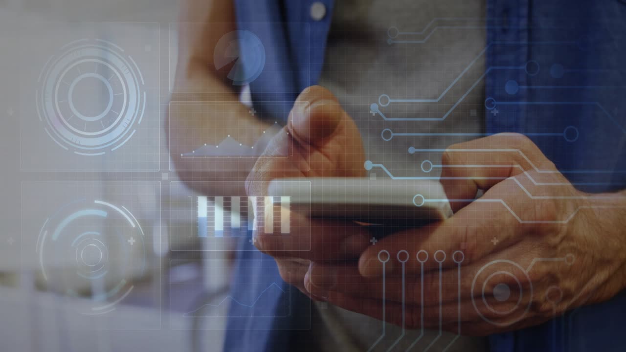 Hovering thumb activating HUD on phone, hands tapping bars and swiping, filling progress bars