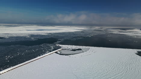 aerial drone view of ice chunks and frozen pier in michiagn in winter