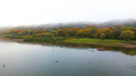 Drohnenaufnahme-Von-Vögeln,-Die-über-Den-Fluss-Fliegen