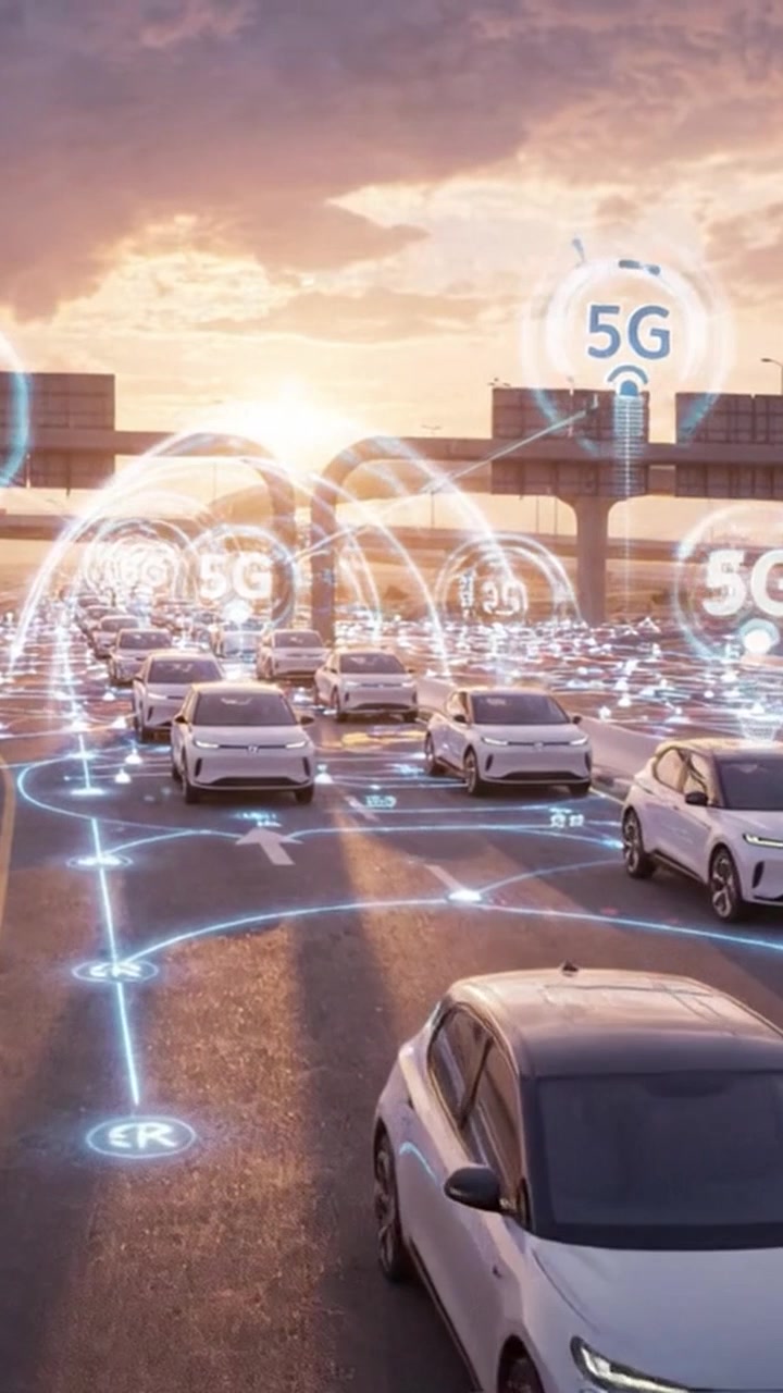 Scena di traffico urbano futuristico che mostra veicoli elettrici connessi che navigano con tecnologia 5G e infrastrutture intelligenti durante il tramonto su un'autostrada trafficata
