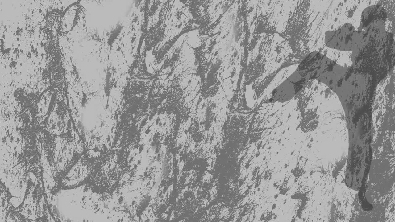 animación de siluetas de artistas marciales sobre formas en fondo gris