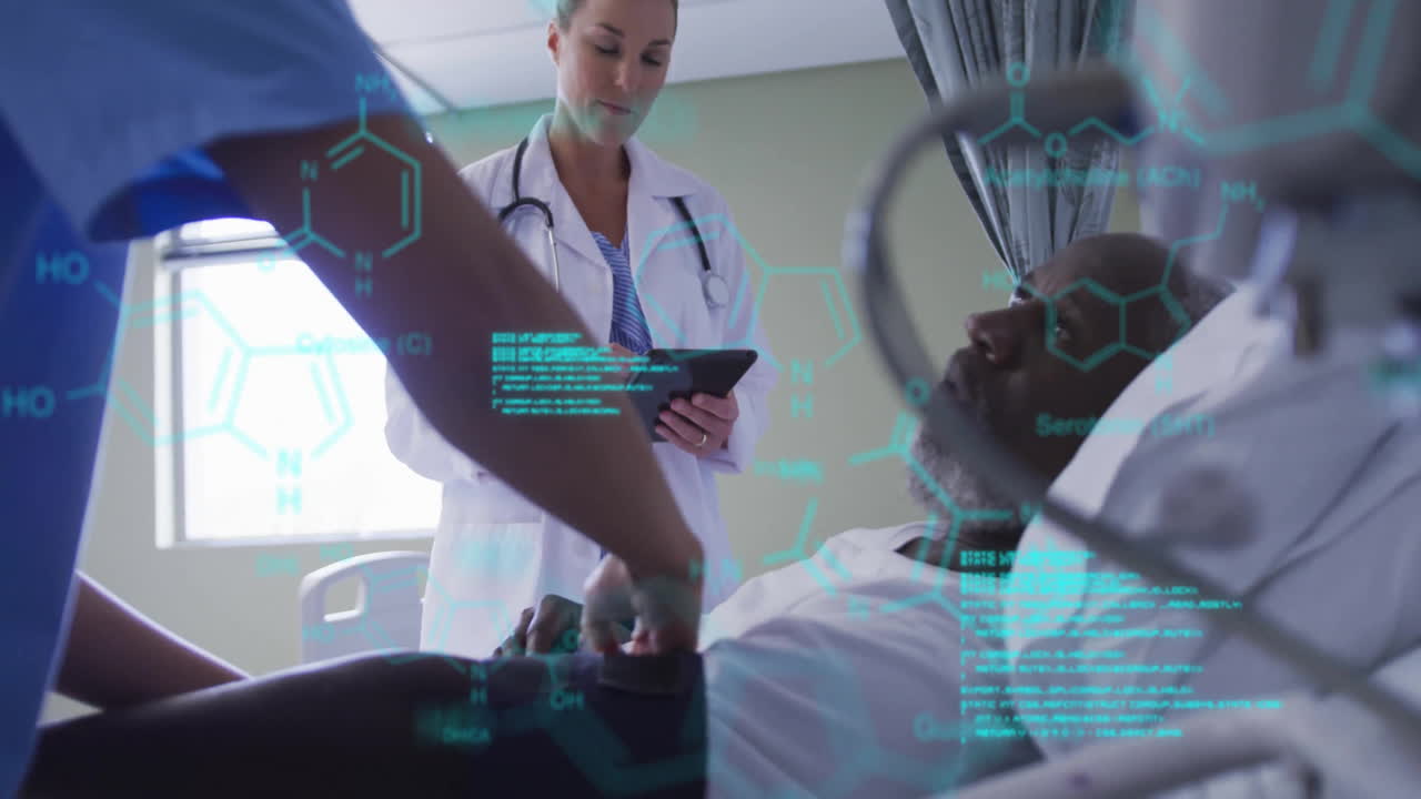Female doctor reviewing medical chart with tablet and nurse checking stomach and readouts floating