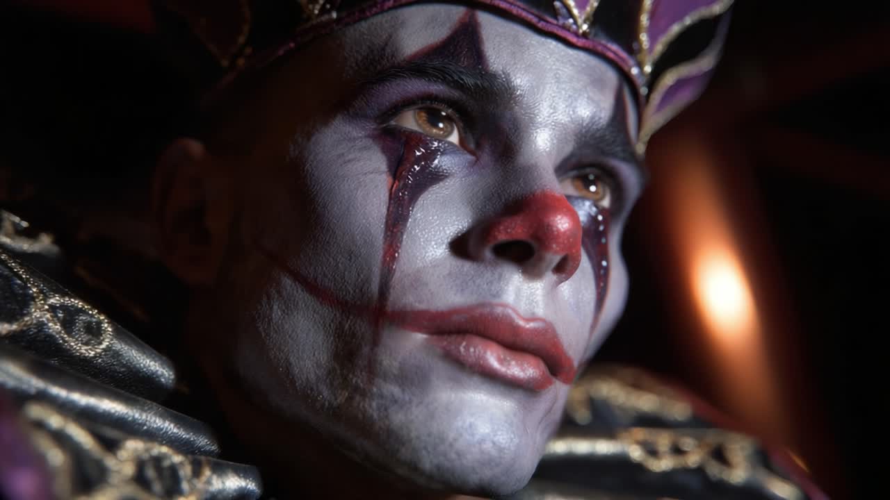A Dramatic Close-Up of a Sad Clown Character with Intricate Makeup Captured in Two Distinct Frames, Showcasing Expressive Features and Artistic Details