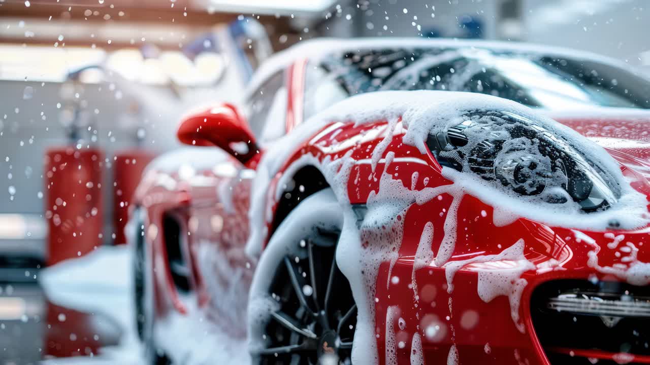 Close-up angle of a red sports car covered in soap suds, capturing the dynamic feel of a car wash