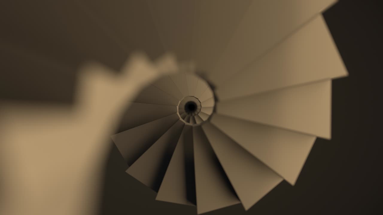Spiral staircase made of concrete. Stair to the future. Endless stair. Concept of climbing to success and finding yourself. Warm background. View from above. Depth of field. 3d animation loop, 4K