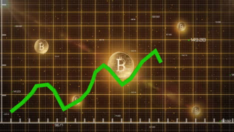 Animation-Eines-Grünen-Diagramms,-Das-Daten-Auf-Einem-Raster-über-Leuchtenden-Bitcoins-Auf-Dunklem-Hintergrund-Verarbeitet