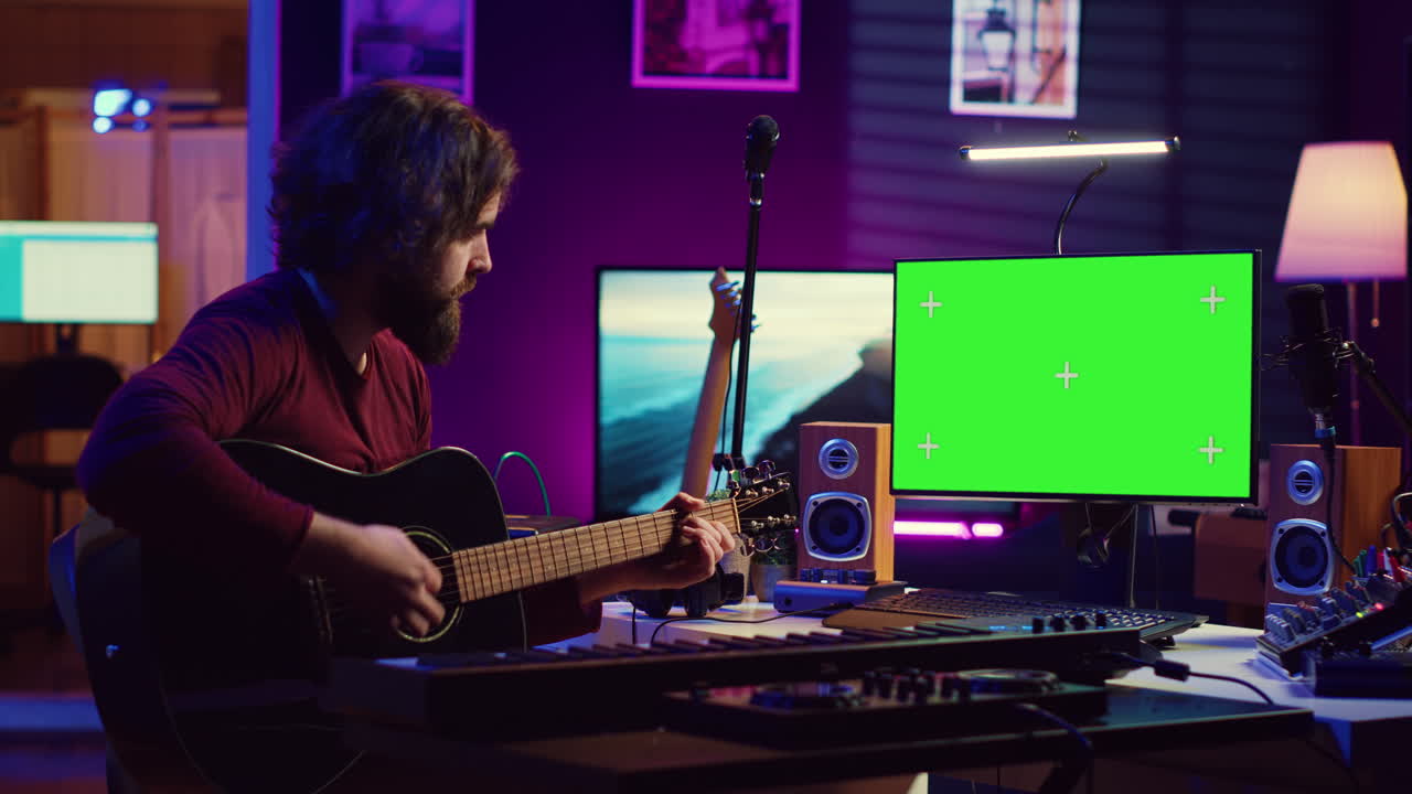 Giovane artista che suona la chitarra e si esercita su una nuova canzone con un tutorial online