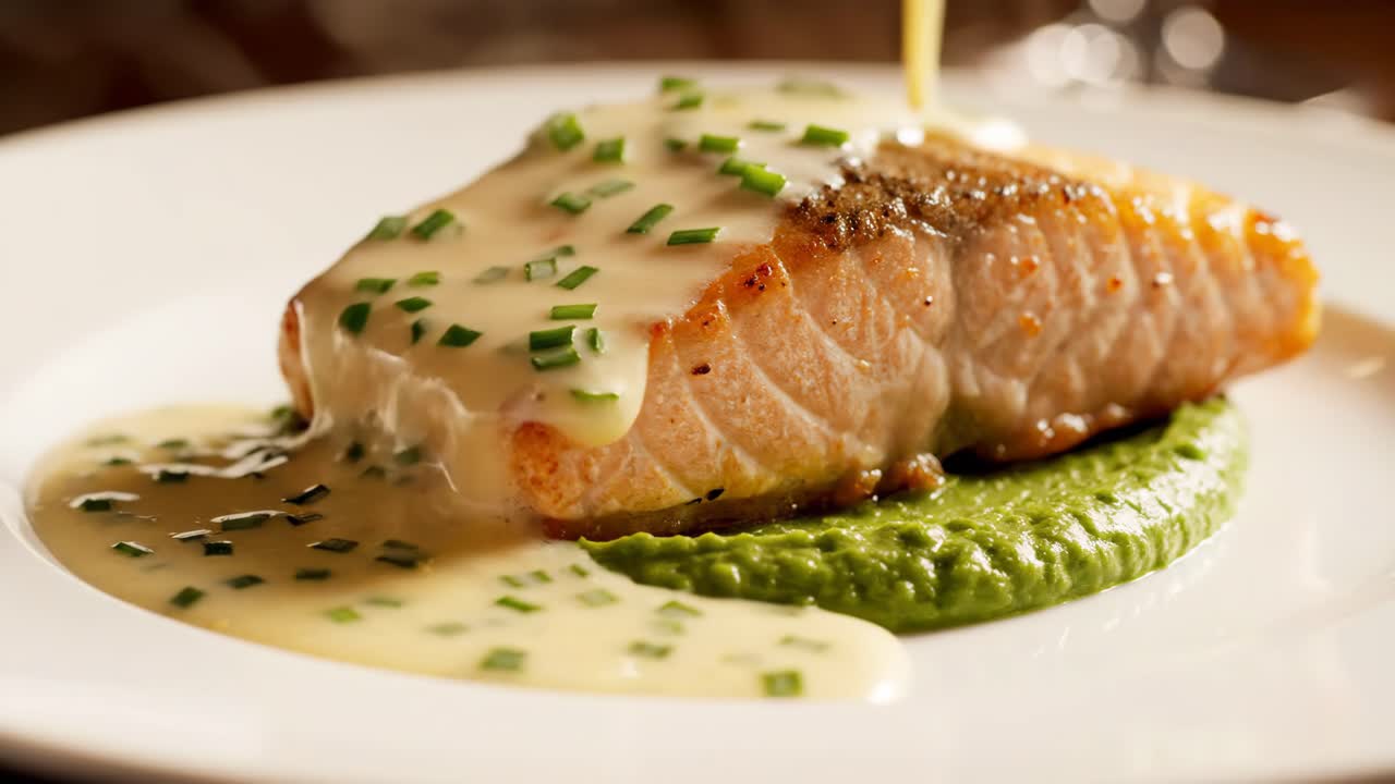 Salmon with sauce and green puree
