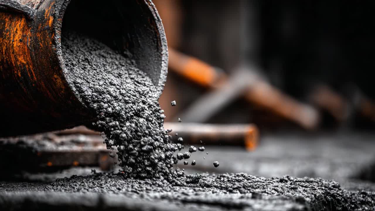 A Close-Up View of Concrete Pouring from a Drum, Showcasing the Texture and Flow of the Material in an Industrial Setting