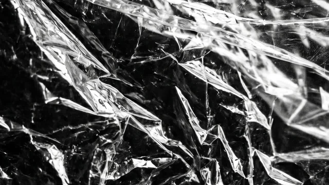 Primo piano astratto della texture di una pellicola di plastica trasparente accartocciata
