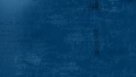 animation of light spots over mathematical equations and school concept texts on blue background