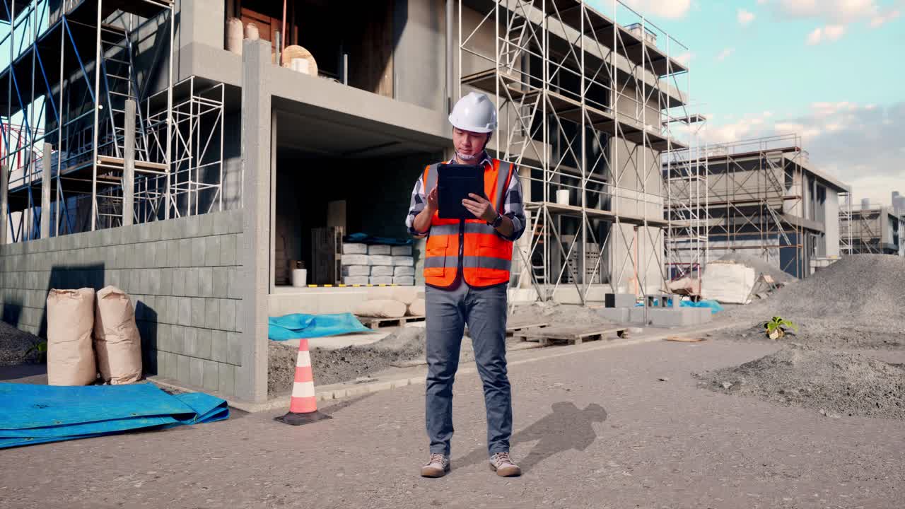 Full Body Of Asian Male Engineer With Safety Helmet Working On A Tablet While Standing At Building & Construction Site in Progress to New House