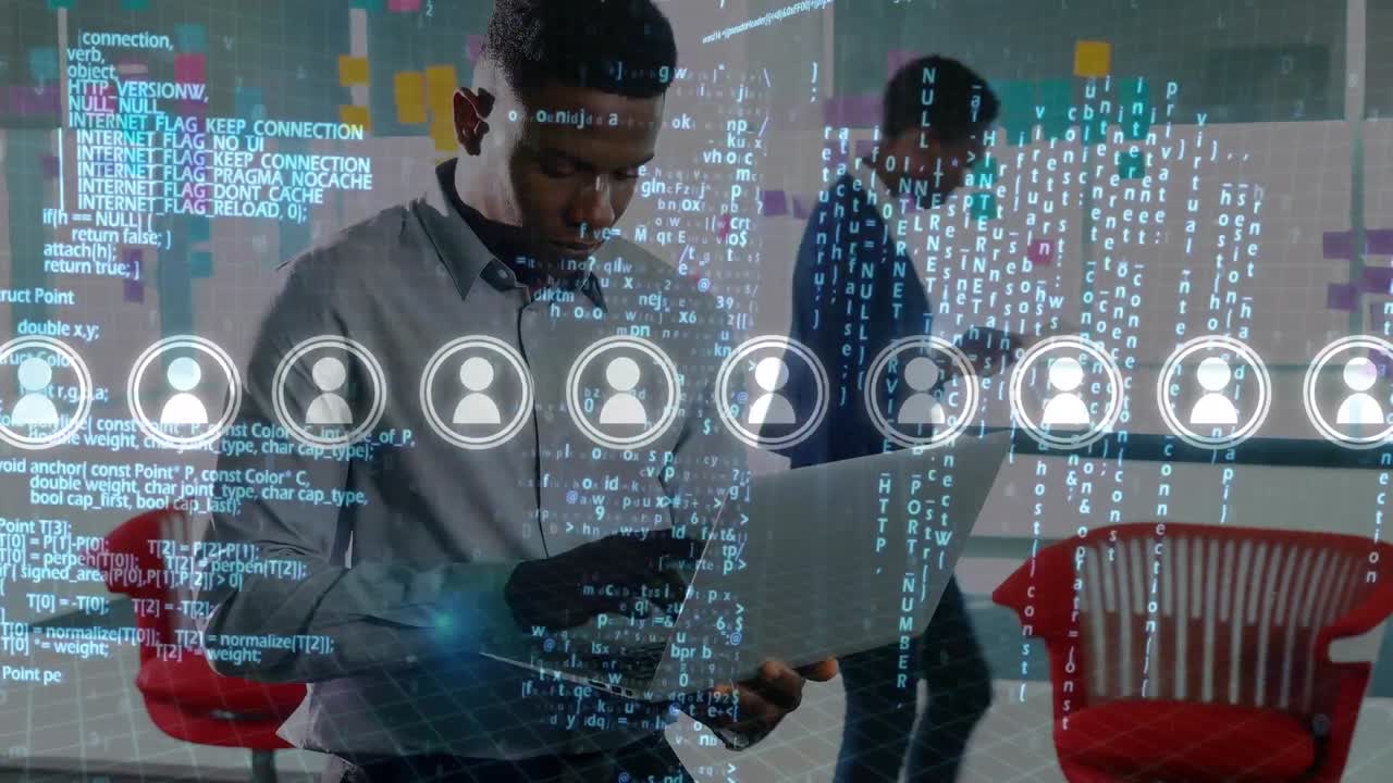 Animation of icons and data processing over african american businessman at office