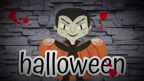 Animation-Von-Halloween-Schrift,-Zombie,-Kürbis-Und-Blutflecken-Auf-Dunklem-Ziegelhintergrund