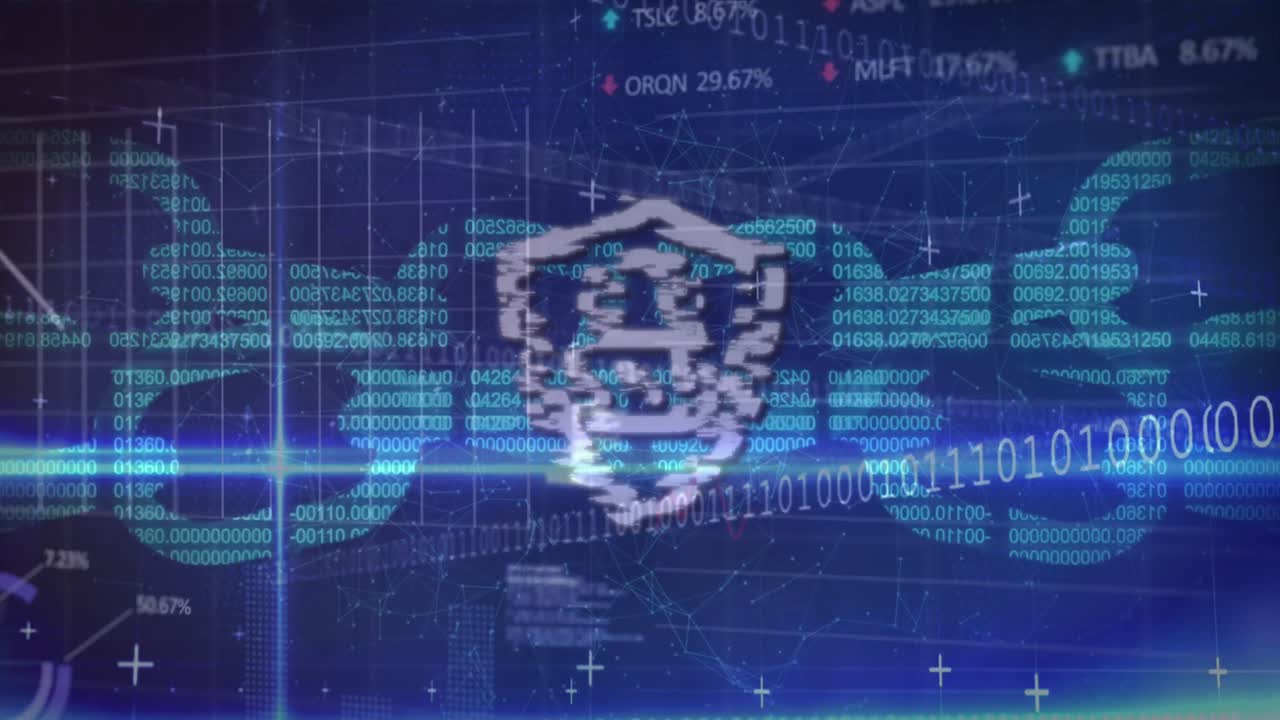 주식 시장 데이터 처리 및 이진 코딩에 대한 보안 체인 및 락 아이콘의 애니메이션