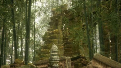 the ruins of ancient buildings in green bamboo forest