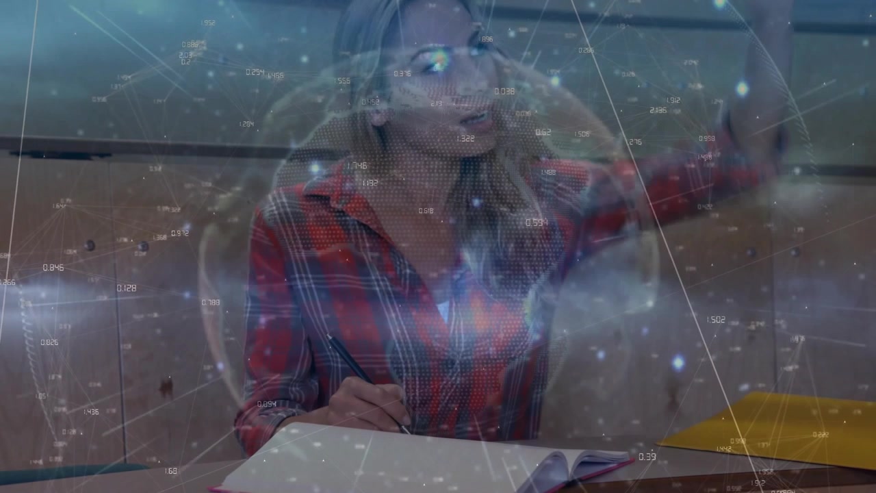 Giovane donna che studia con sovrapposizione di globo digitale
