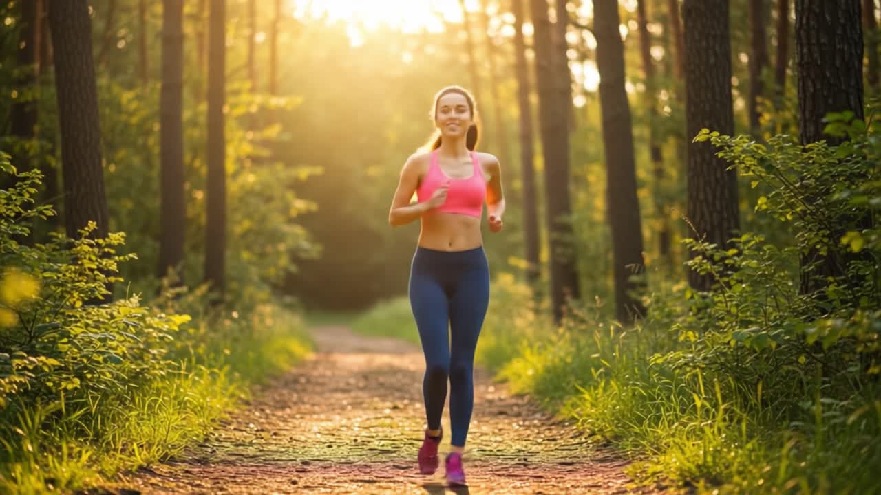 A Passionate Runner Enjoys a Vibrant Sunrise Jog Through a Lush Forest Path, Embracing the Beauty of Nature and the Joy of Fitness in Every Stride