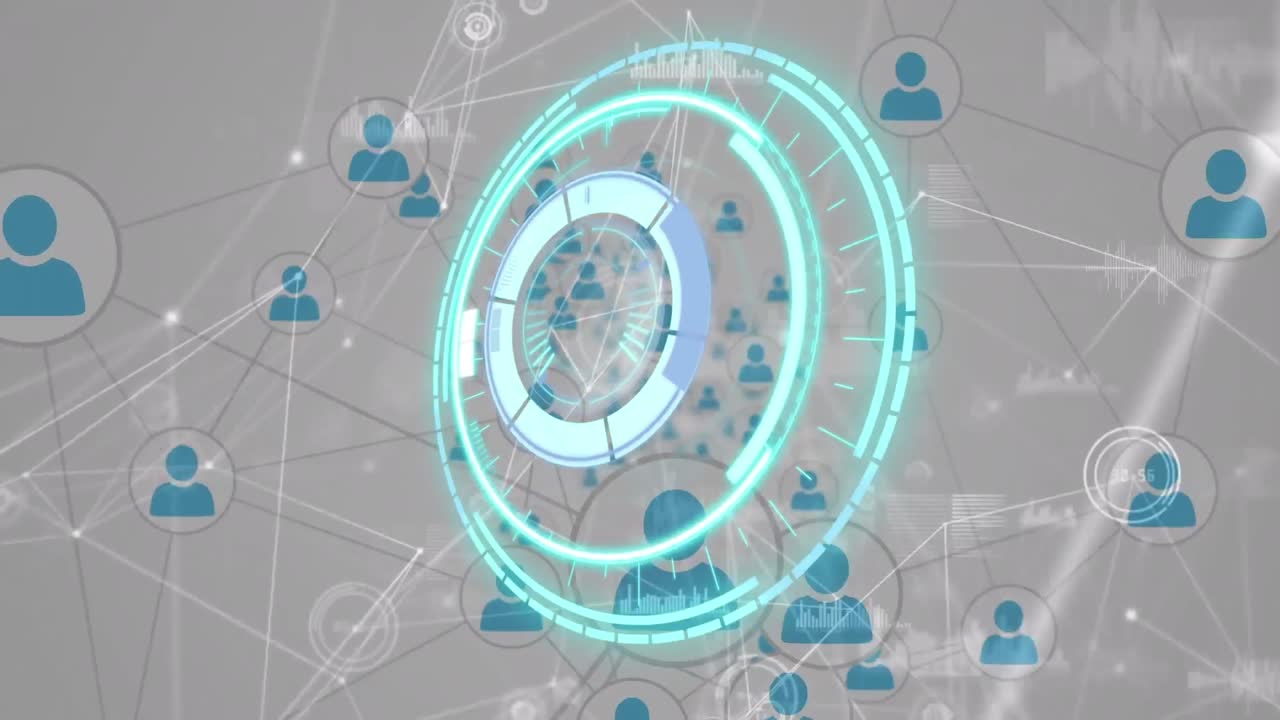 animación digital del escáner redondo de neón sobre una red de iconos de perfil contra un fondo gris