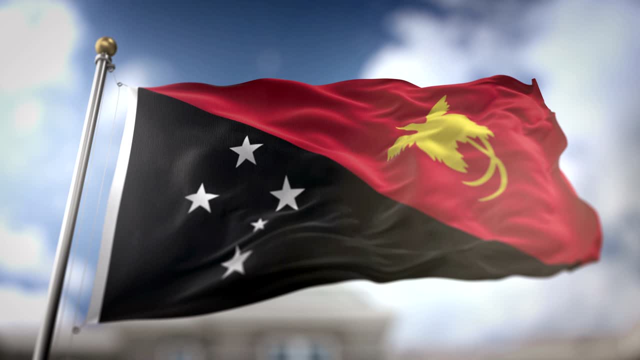 la bandera de papúa nueva guinea ondeando en cámara lenta 3d con fondo de cielo azul - bucle sin costuras 4k