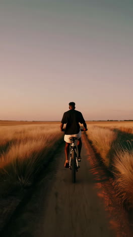 man cycling on a country road at sunset