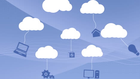 Blue cloud moving with networks icons on white background