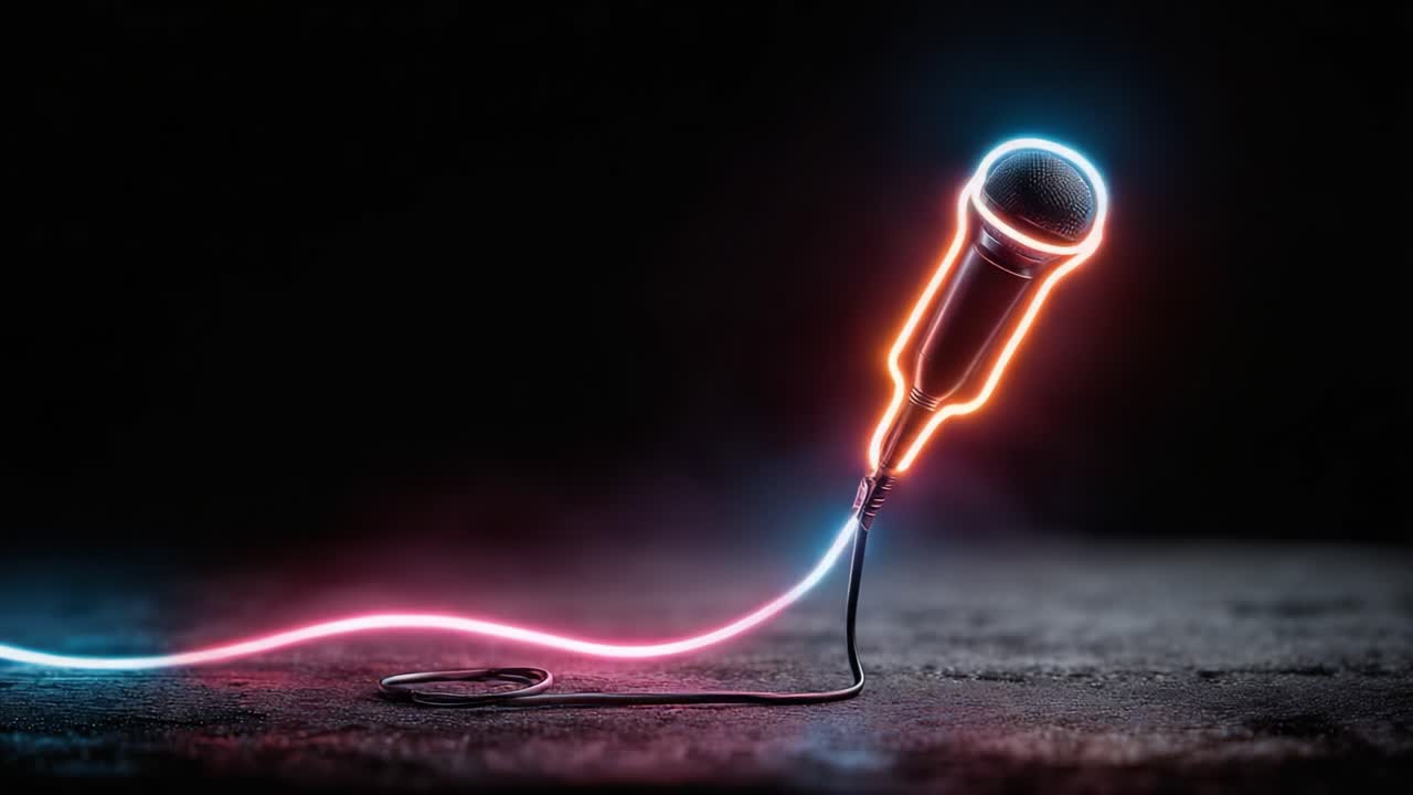 En glødende mikrofon i et mørkt miljø, der udsender neonlys og indfanger essensen af musik og performance, perfekt til lyd- og underholdningstemaer