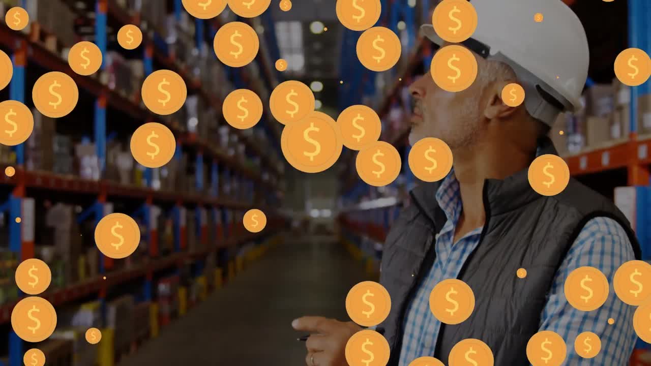 창고에서 백인 남성 노동자 위에 달러 아이콘의 애니메이션