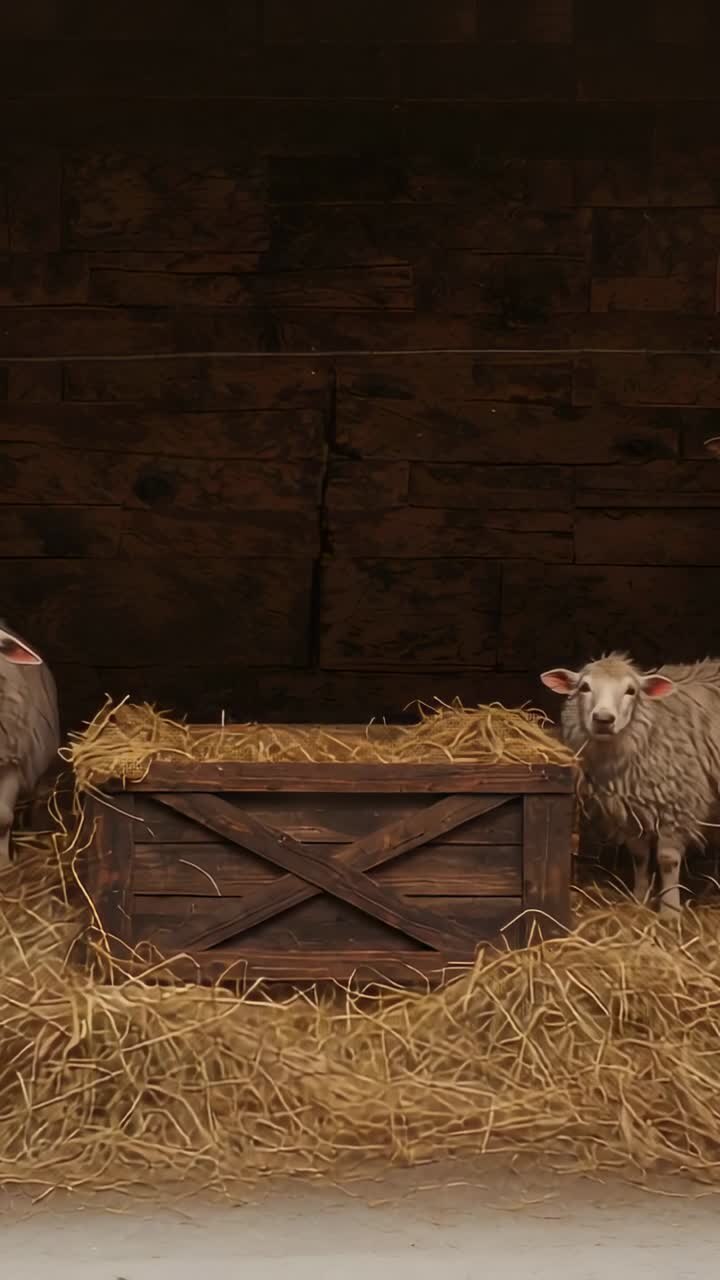 Vertical video: Moving right sheep nudging left sheep entering barn near Xbrace crate, sniffing hay