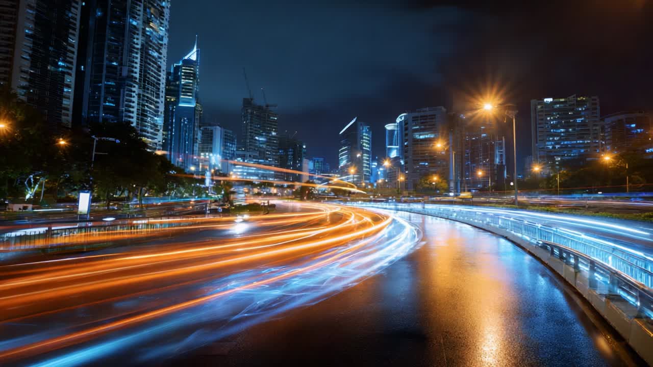 A Stunning Nightscape of Urban Life, Showcasing the Majestic Skyline, Dynamic Traffic Flow, and Bright City Lights Underneath Starry Skies, Capturing the Essence of Modern Metropolis Vibrancy